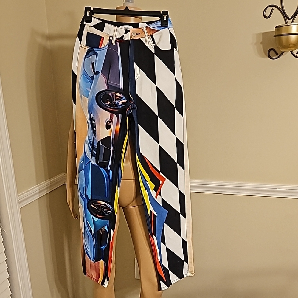Colorful Graphic Wide-Leg  Race Car Pants